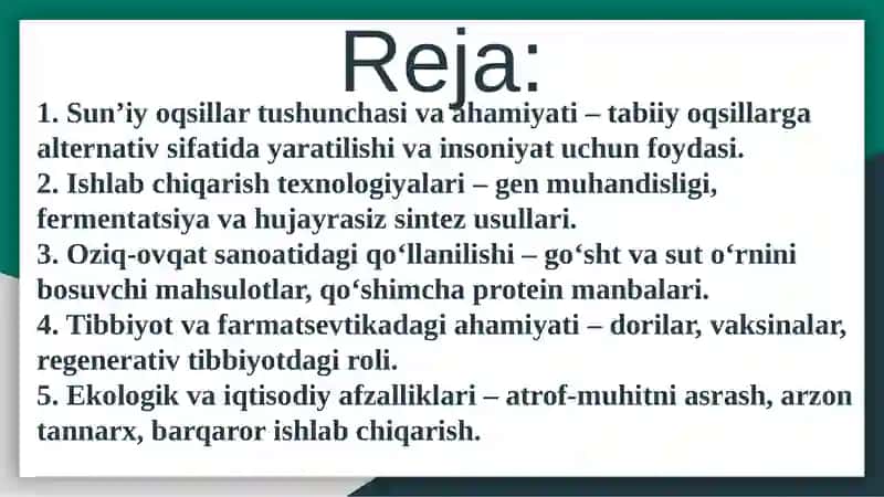 Sun’iy oqsil ozuqa moddalarining ishlab chiqarilishi va kelgusidagi imkoniyatlar 2