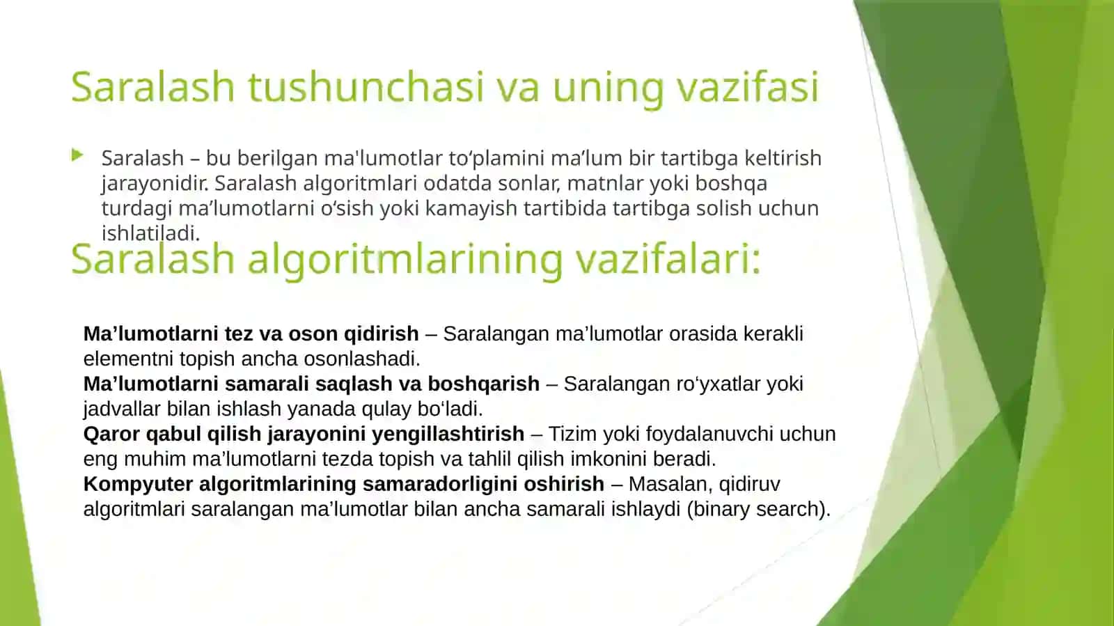 MAVZU MA’LUMOTLARNI SARALASH ALGORITMLARI 2