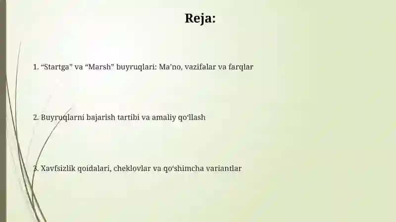 Startga va Marsh komandalarining mazmuni va bajarilishi 2