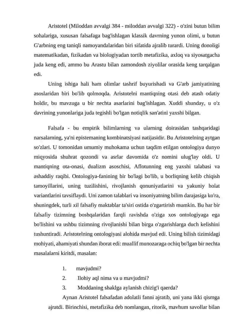 Aristotel, Forobiy va Kantning ontologiyasida kategoriyalar tasnifini qiyosiy tahlil etish va farqlarini aniqlash 2