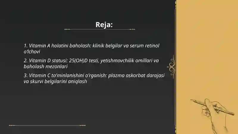 Organizmning vitaminlar bilan ta’minlanganligini oʻrganish va baholash 2