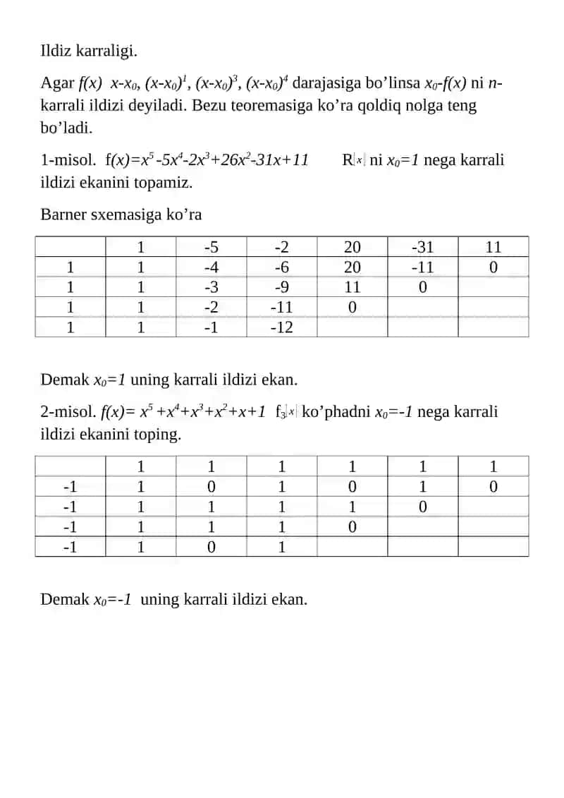 Gorner sxemasi. Karrali ildiz 2