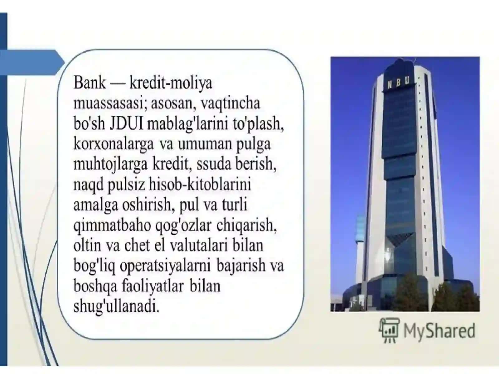 O'zbekiston Respublikasi bank tizimi va turlari. 2