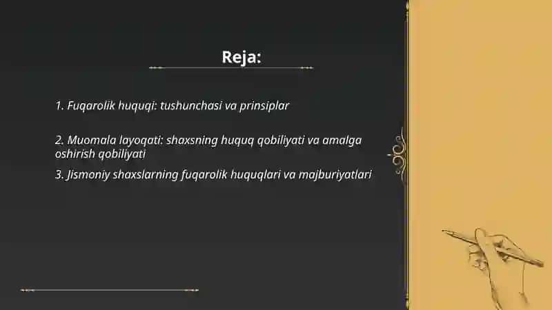 Jismoniy shaxs va davlat fuqarolik huquqi subyektlari sifatida. 2