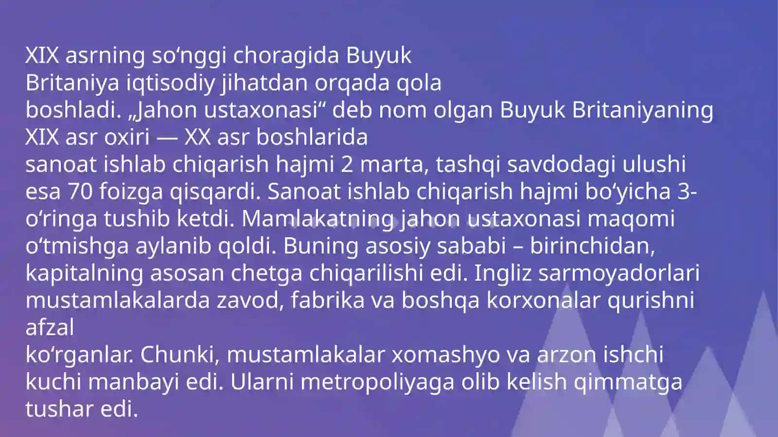 XIX asrning ikkinchi yarmi - XX asr boshlarida Angliya iqtisodiyotining oʻsishi. Angliya imperializmining mustamlaka siyosati 2