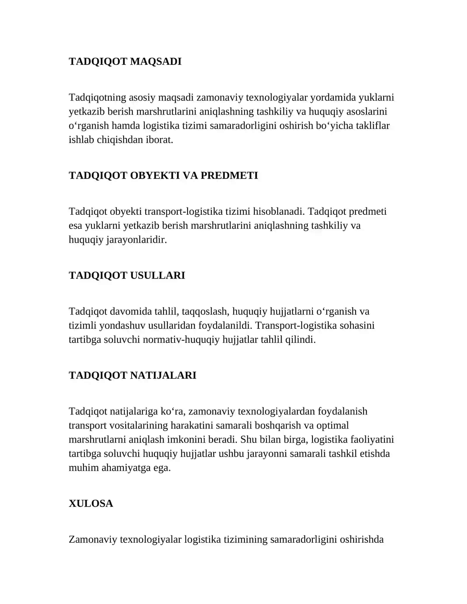 ZAMONAVIY TEXNOLOGIYALARDAN FOYDALANGAN HOLDA YUKLARNI YETKAZIB BERISHNING MAQBUL YO‘NALISHLARINI ANIQLASHNING TASHKILIY-HUQUQIY TOMONLARI HOLATI 2