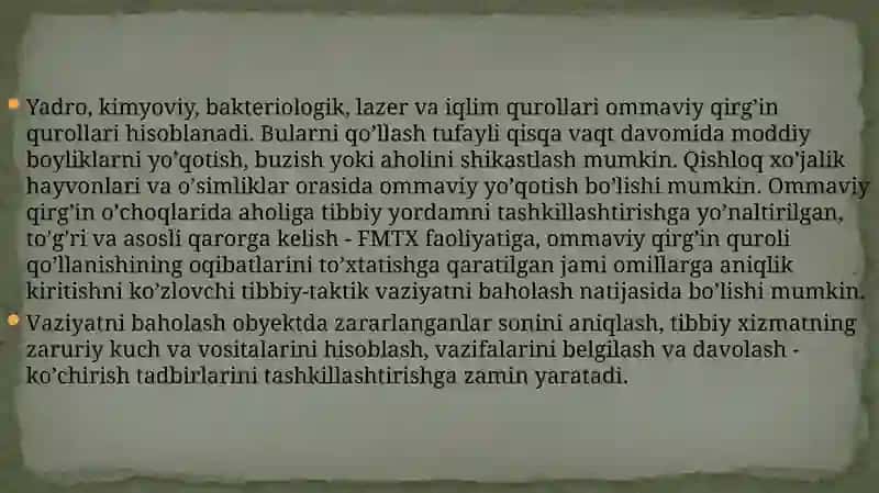 OMMAVIY QIRG’IN QUROLLARINING TASNIFI. JABRLANISH O’CHOG’ININGTIBBIY-TAKTIK TAVSIFI.YO’QOTISHLAR.YADROVIY QUROL.TROTIL EKVIVALENTI.YADROVIY PORTLASH OMILLARI 2