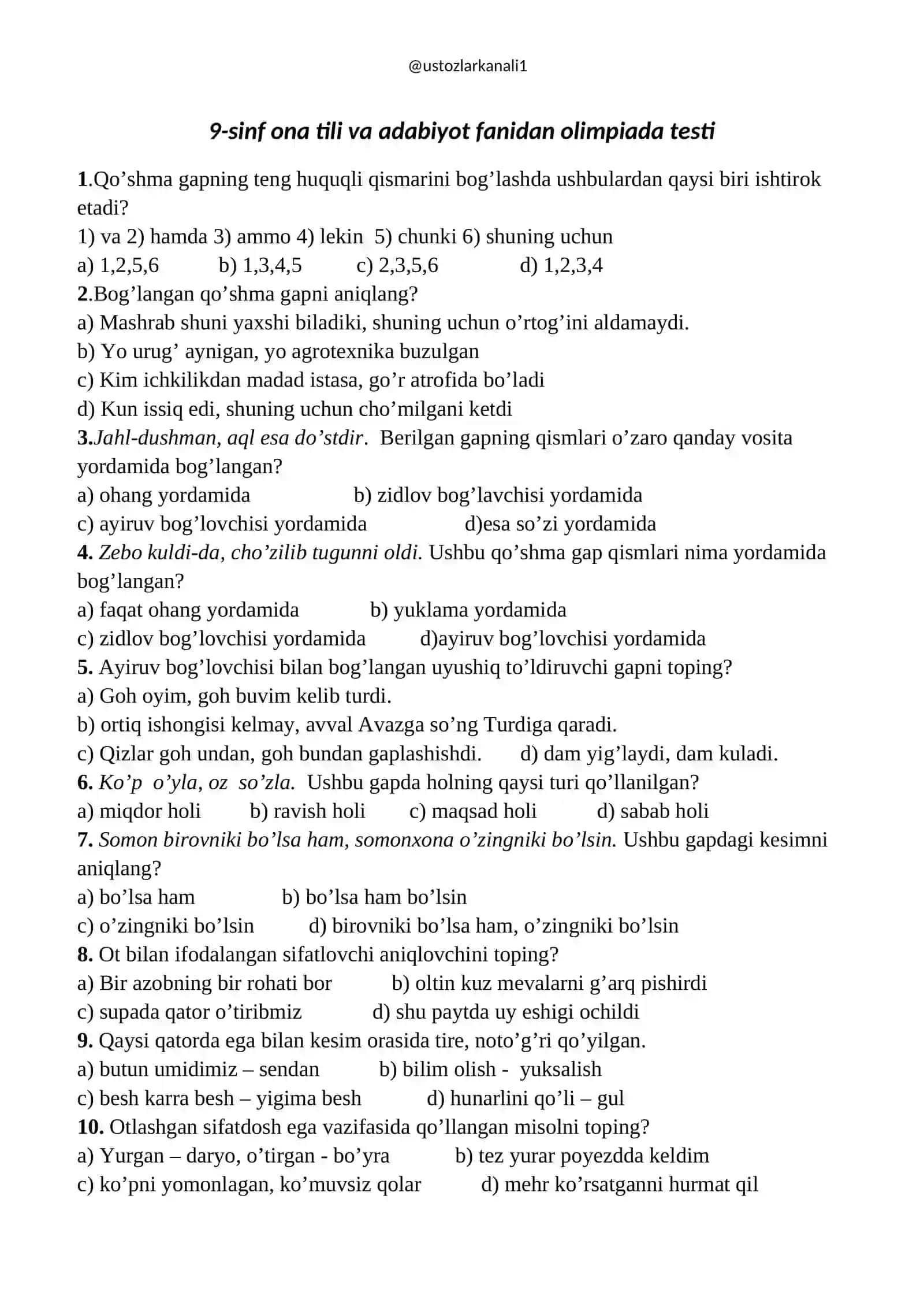 9-sinf ona tili va adabiyot fanidan olimpiada testi 2