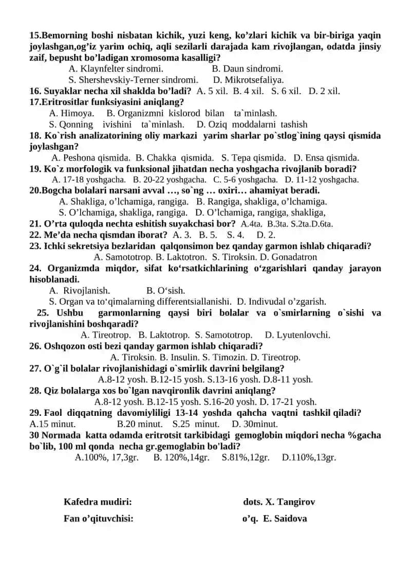 Yosh fiziologiyasi va gigiyena fanidanyakuniy test savollari 2