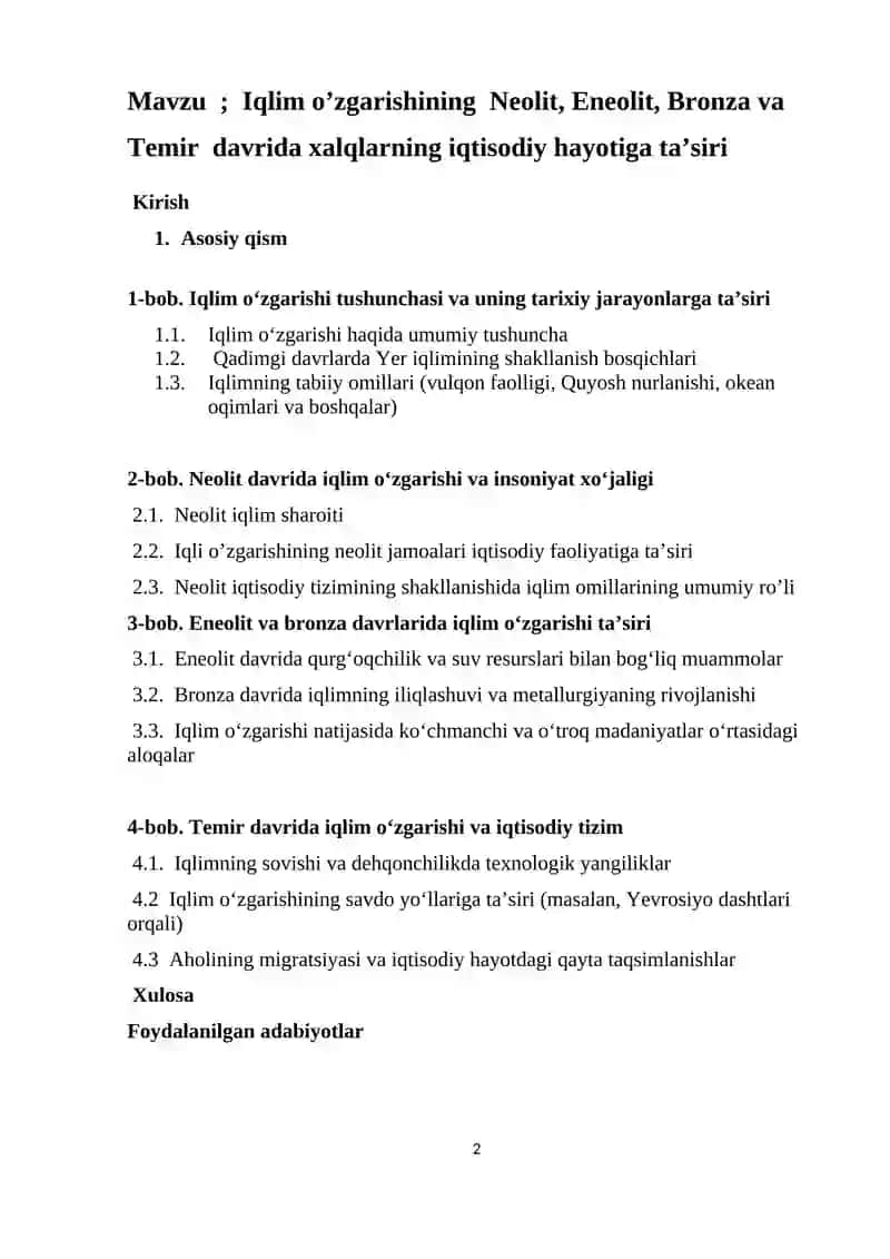 Iqlim o’zgarishining Neolit, Eneolit, Bronza va Temir davrida xalqlarning iqtisodiy hayotiga ta’siri 2