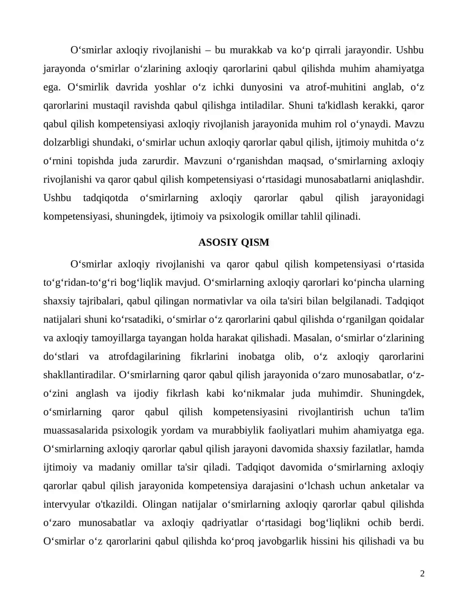 O‘smirlar axloqiy rivojlanishida qaror qabul qilish kompetensiyasi 2
