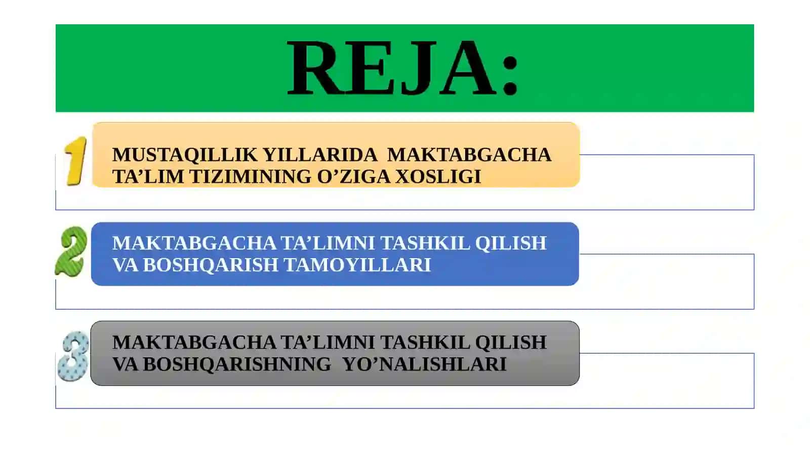 MUSTAQILLIK YILLARIDA MAKTABGACHA TA'LIM TIZIMINI RIVOJLANTIRISH TAMOYILLARI VA ASOSIY YO'NALISHLARI 2