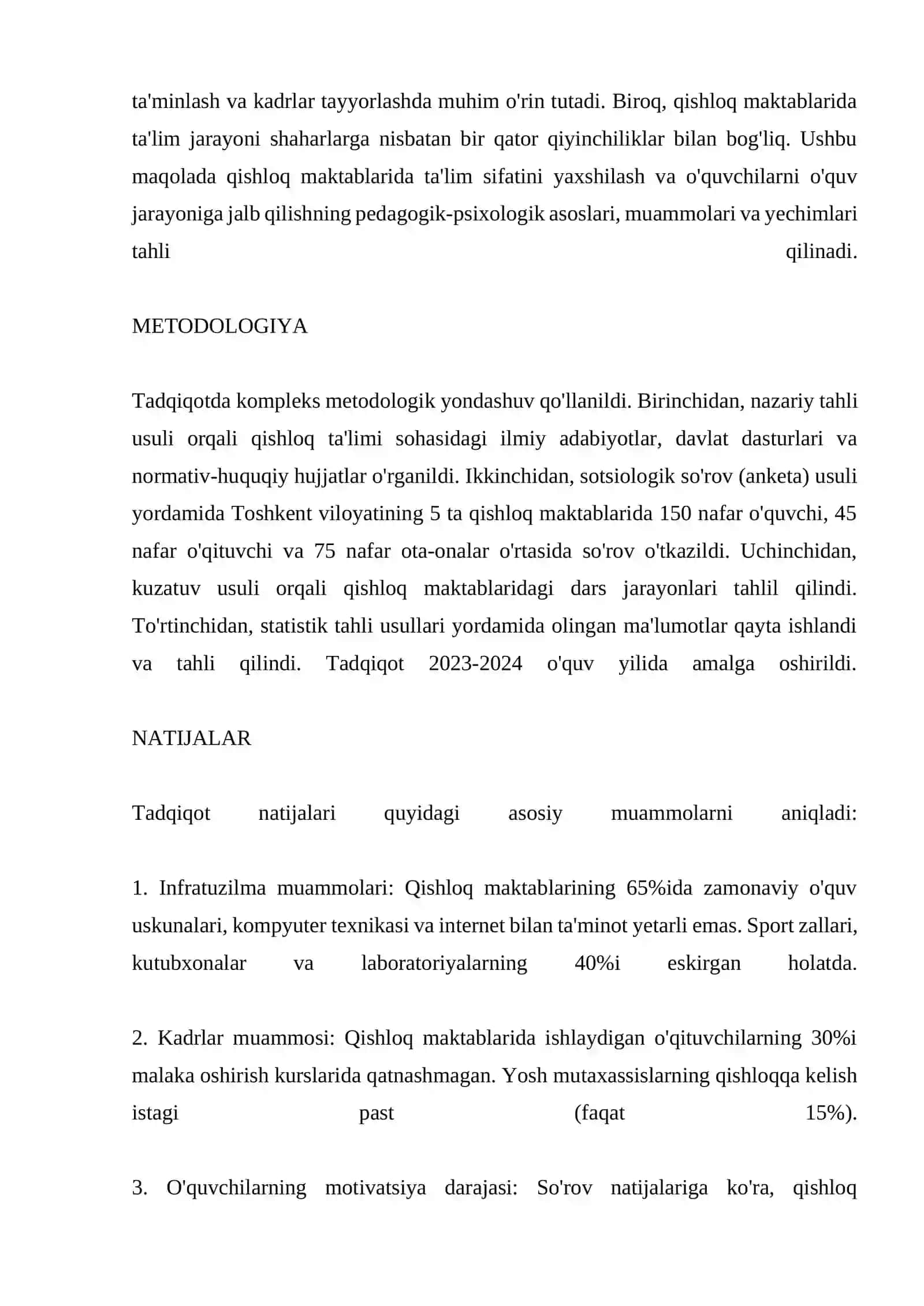 QISHLOQLARDAGI TA'LIM SIFATINI YAXSHILASH. O'QUVCHILARNI JALB QILA OLISHNING MOHIYATI 2
