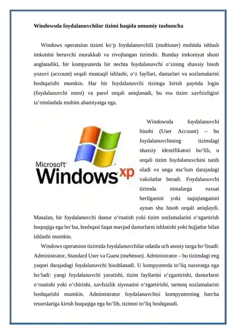 Windows operatsion tizimida foydalanuvchilar va ulaming vakolatlarini boshqarish 2