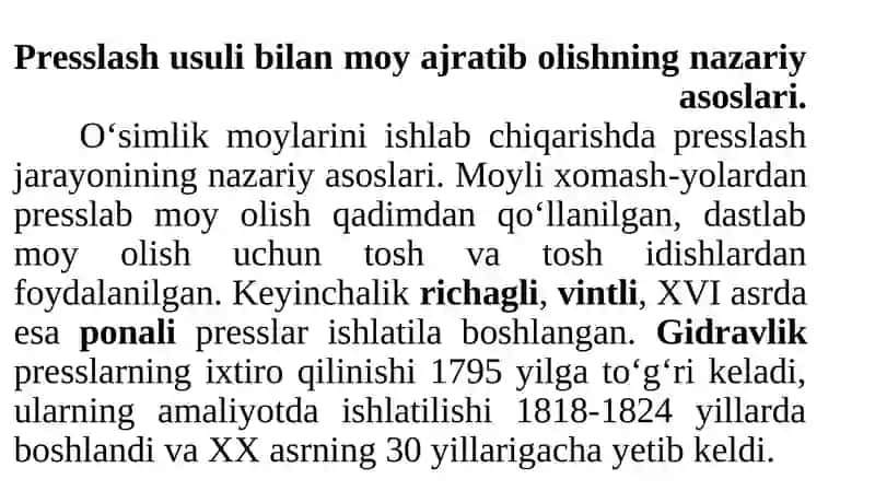 Presslash usuli bilan moy olish usullari va uskunalari 2