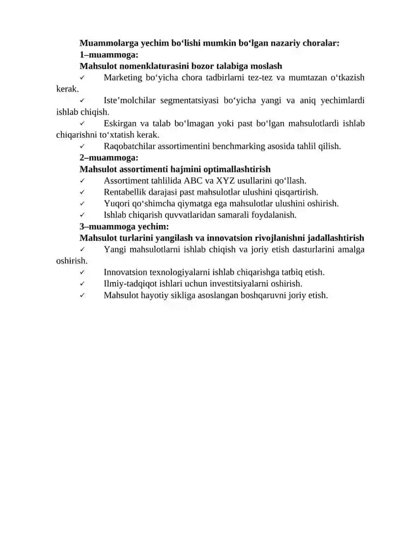 Mahsulot nomenklaturasi va assortimenti hajmining tahlili hamda bozor iqtisodiyoti sharoitida mahsulot turlarini yangilashning ahamiyati 2