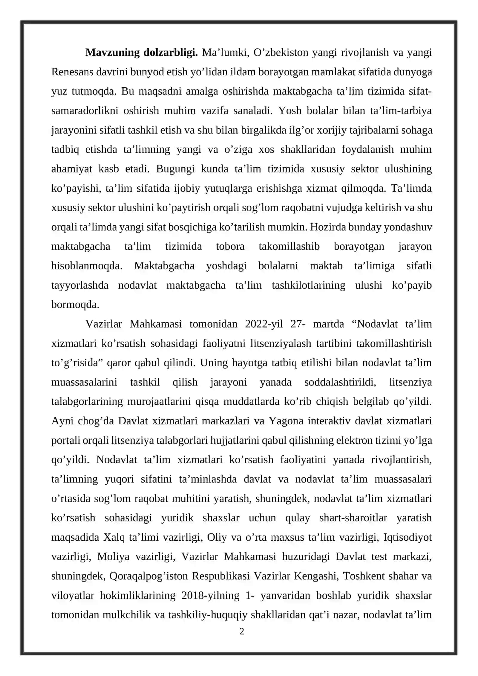 DAVLATGA QARASHLI BO'LMAGAN MAKTABGACHA MUASSASALARNI TASHKIL ETISH 2