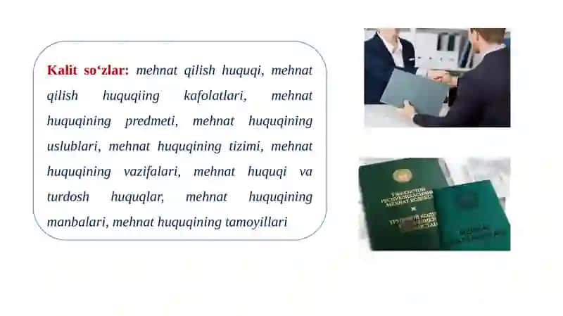 MEHNAT HUQUQINING PREDMETI, VAZIFALARI, METODI, TIZIMI VA MANBALARI 2