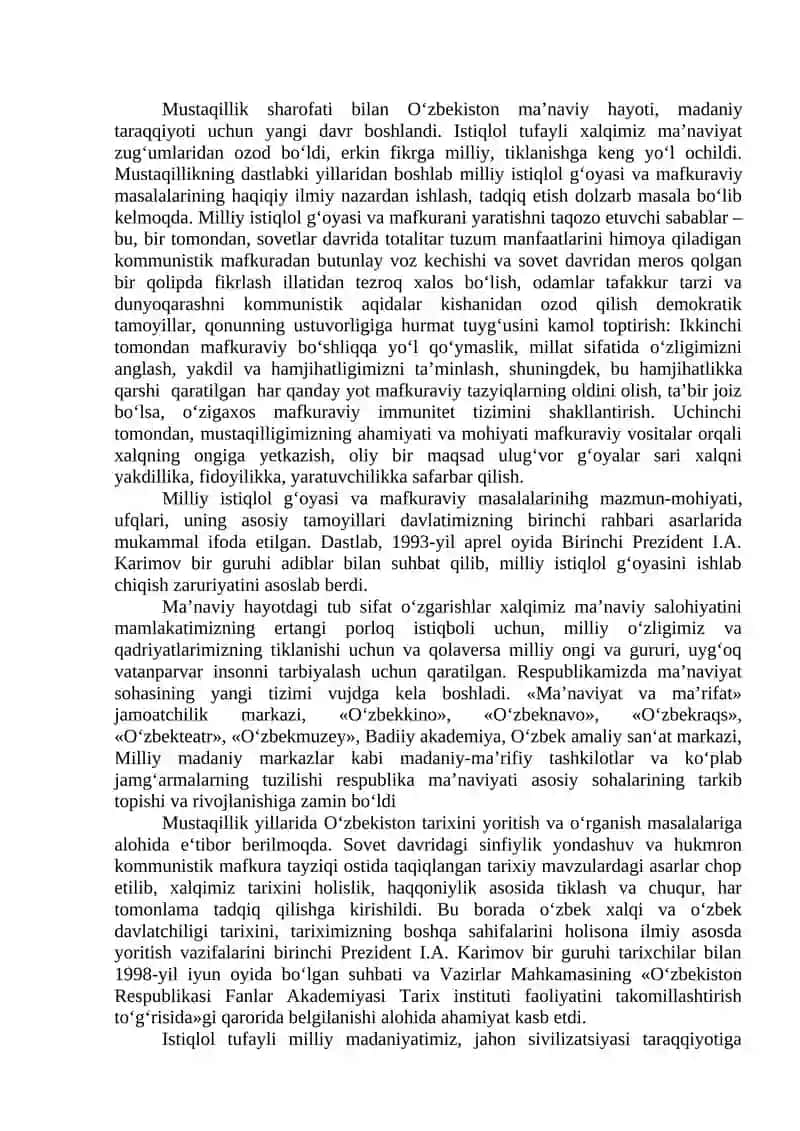 Mustaqillik yillarida O‘zbekistondagi ma’naviy va madaniy taraqqiyot. 2