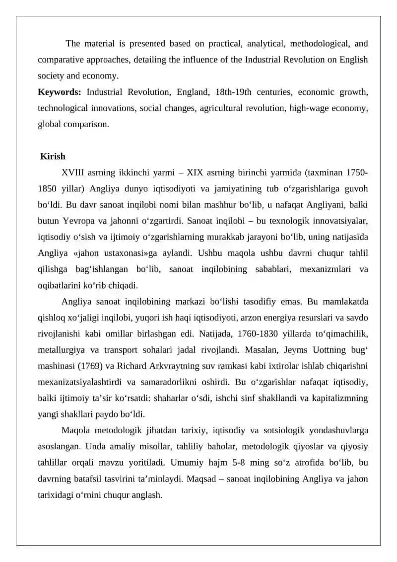 XVIII asrning ikkinchi yarmi – XIX asrning birinchi yarmida Angliyada mavzusida maqola 2