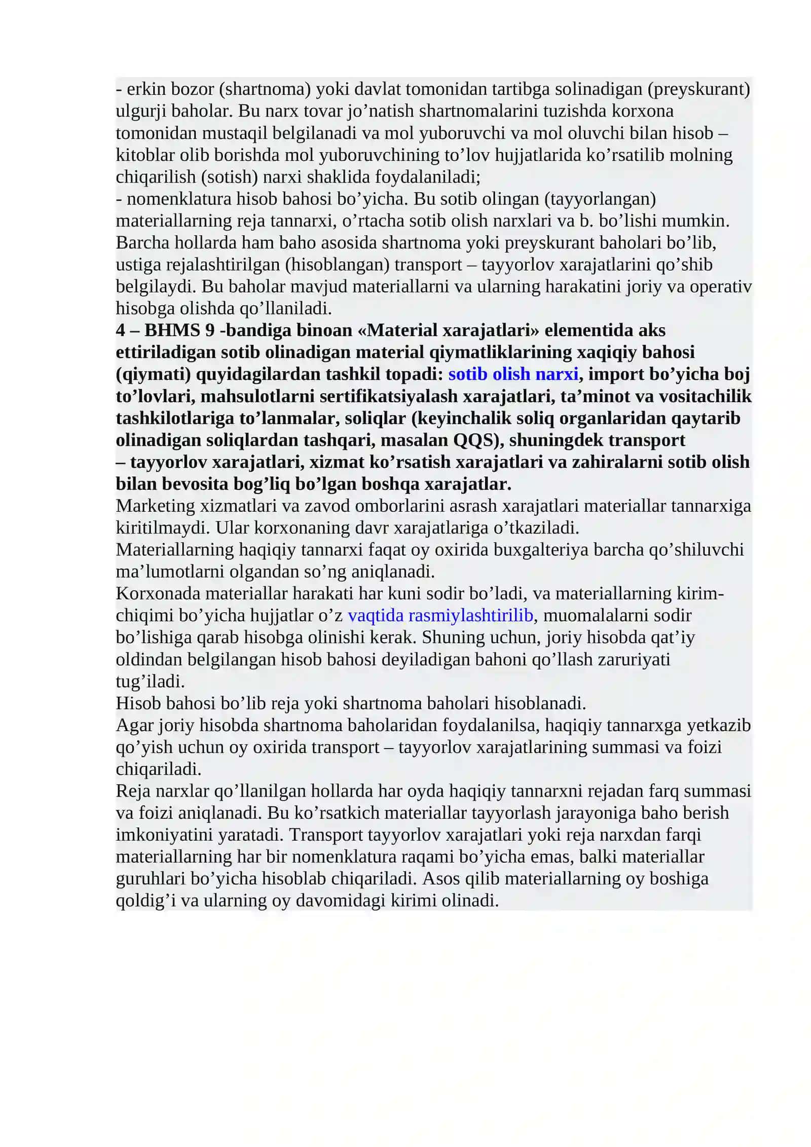 MATERIAL XARAJATLARI HISOBI 2