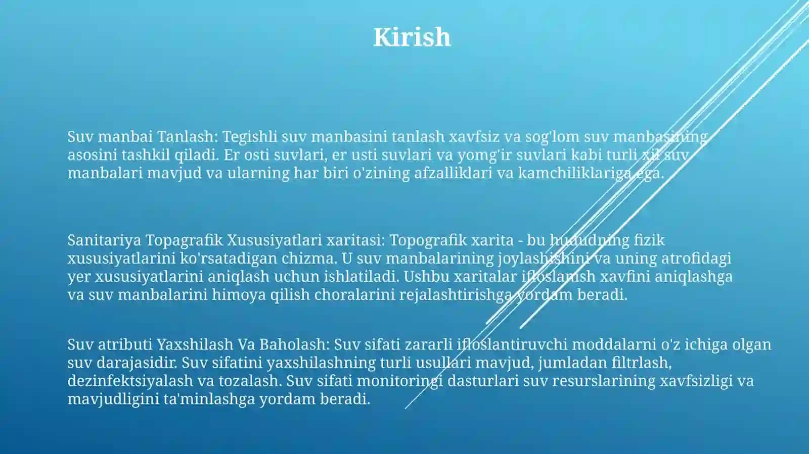 Dala Sharoitida Suv Manbasini Tanlash.Suv Manbasining Sanitariya Topagrafik Xususiyatlari Xaritasi.Suv Sifatini Yaxshilash Va Baholash 2