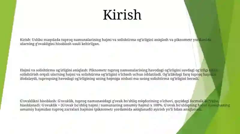 Tuproqning Hajm Va Solishtirma Oğirligini Aniqlash Va Ular Orqali Ğovakligini Hisoblash 2