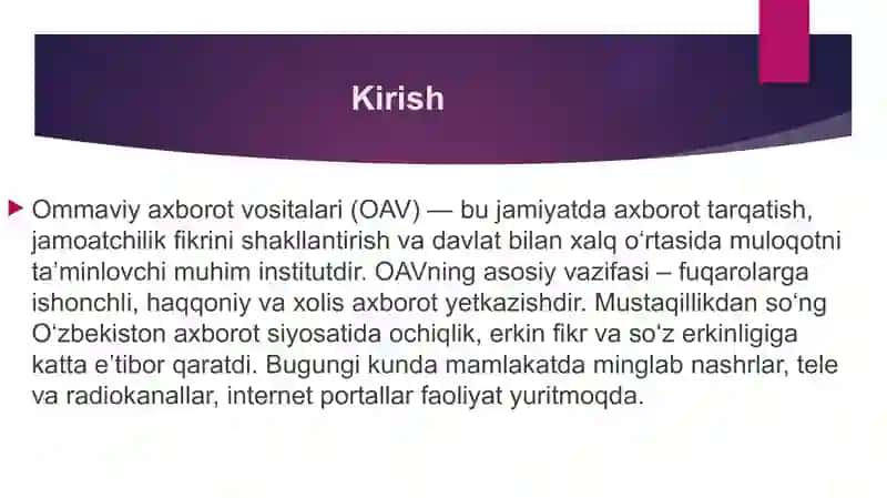 O‘zbekiston Respublikasida ommaviy axborot vositalarining faoliyati 2