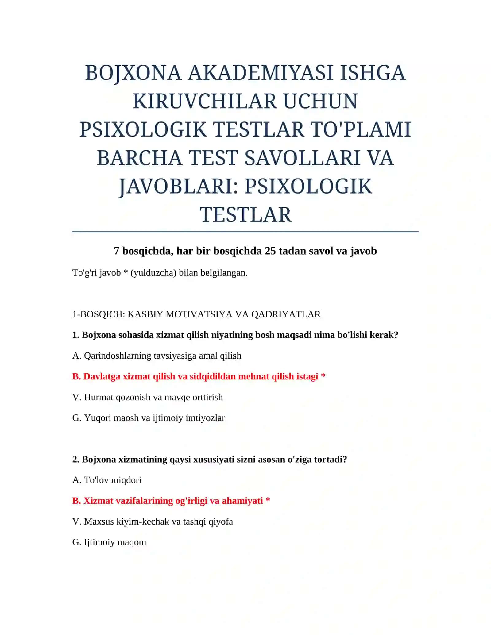 BOJXONA AKADEMIYASI ISHGA KIRUVCHILAR UCHUN PSIXOLOGIK TESTLAR TO'PLAMI 2
