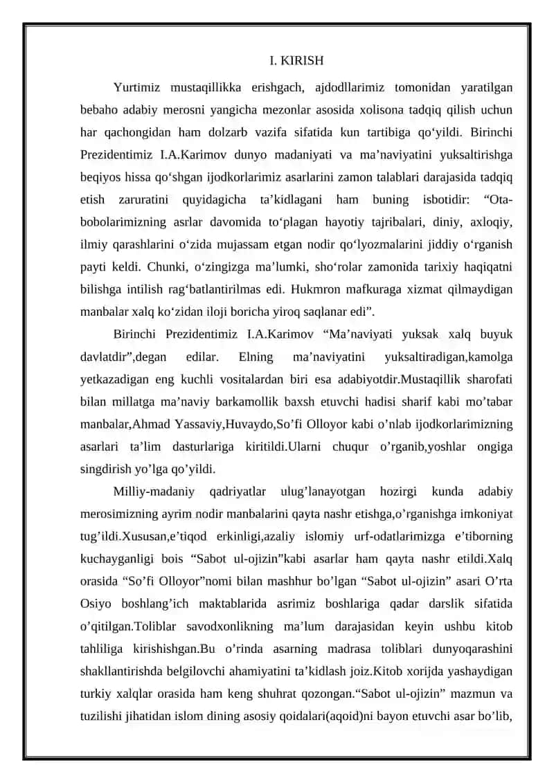 Sabot ul-Ojizindagi hikoyatlar talqini 2