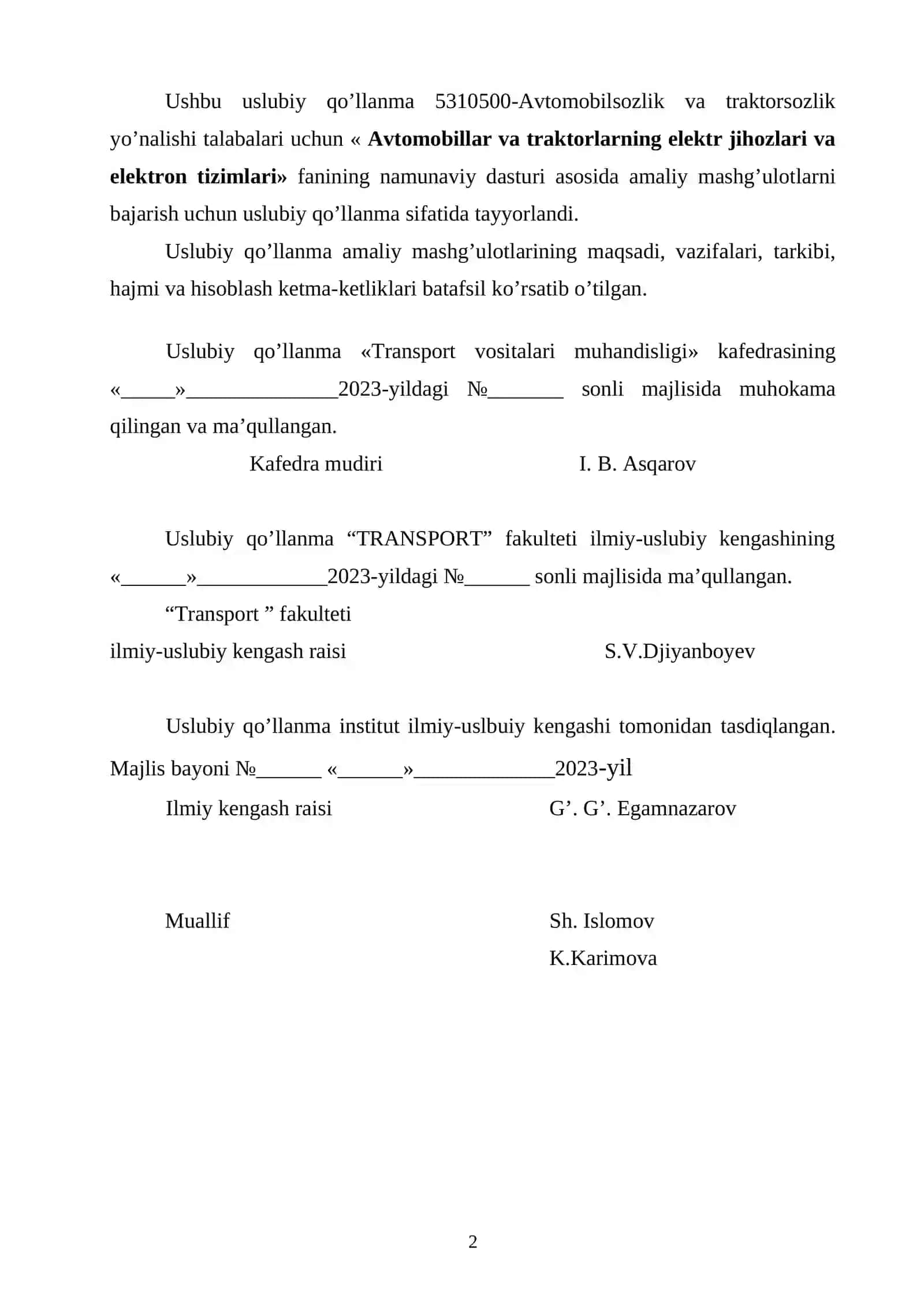 AVTOMOBILLAR VA TRAKTORLARNING ELEKTR JIHOZLARI VA ELEKTRON TIZIMLARI 2