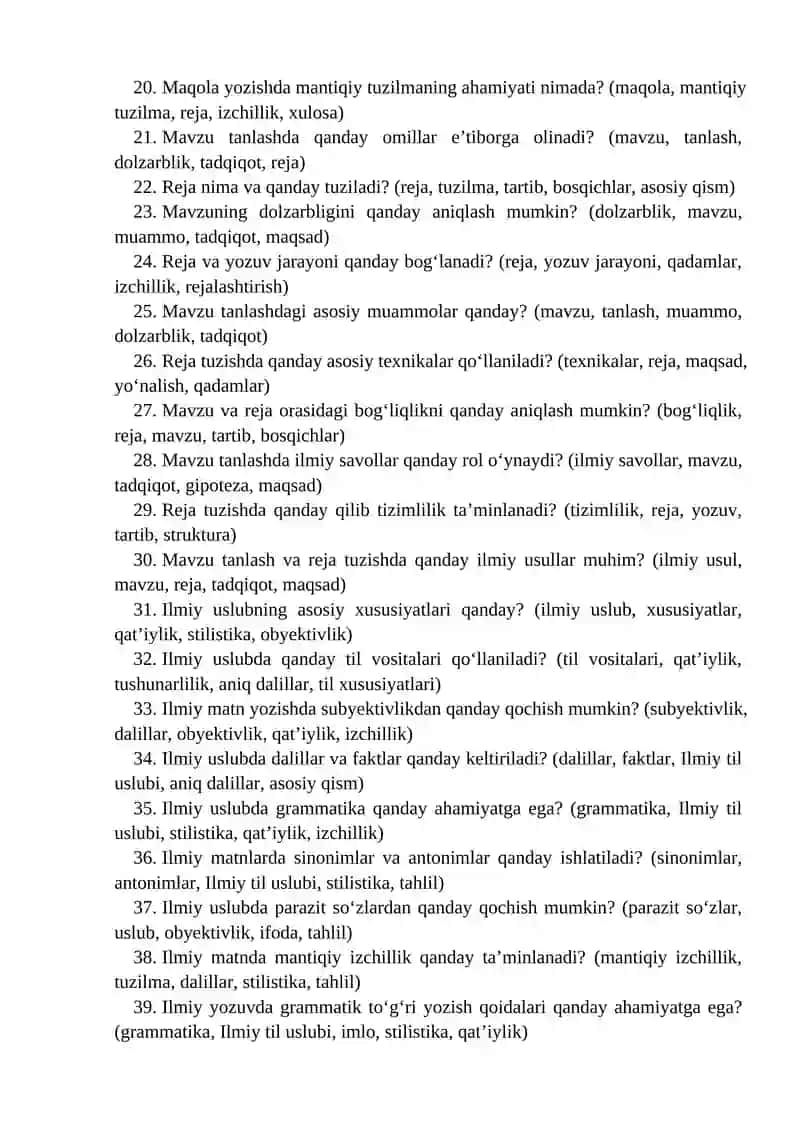 “Akademik yozuv” fanidan yakuniy nazorat variantlari savolnomasi 2