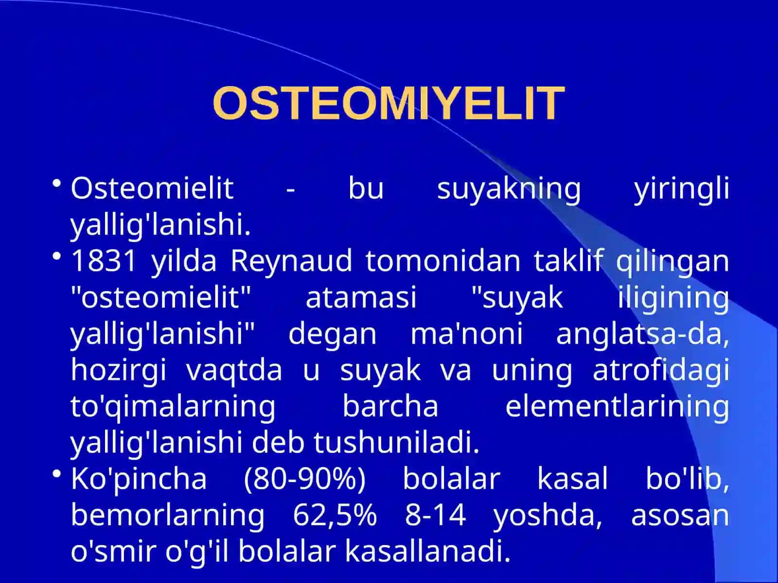 Suyak va bo’g’imlar xirurgik infektsiyasi OSTEOMIYELIT 2