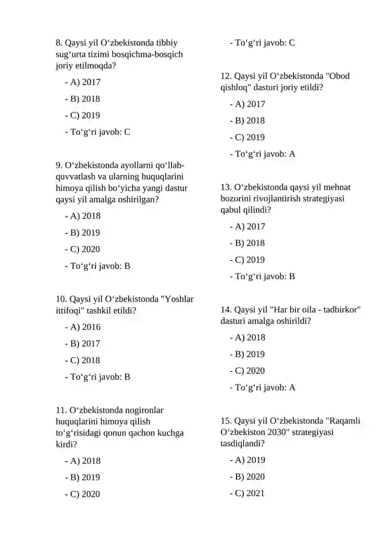 O‘zbekiston hukumati qaysi yilgi islohotlar 2