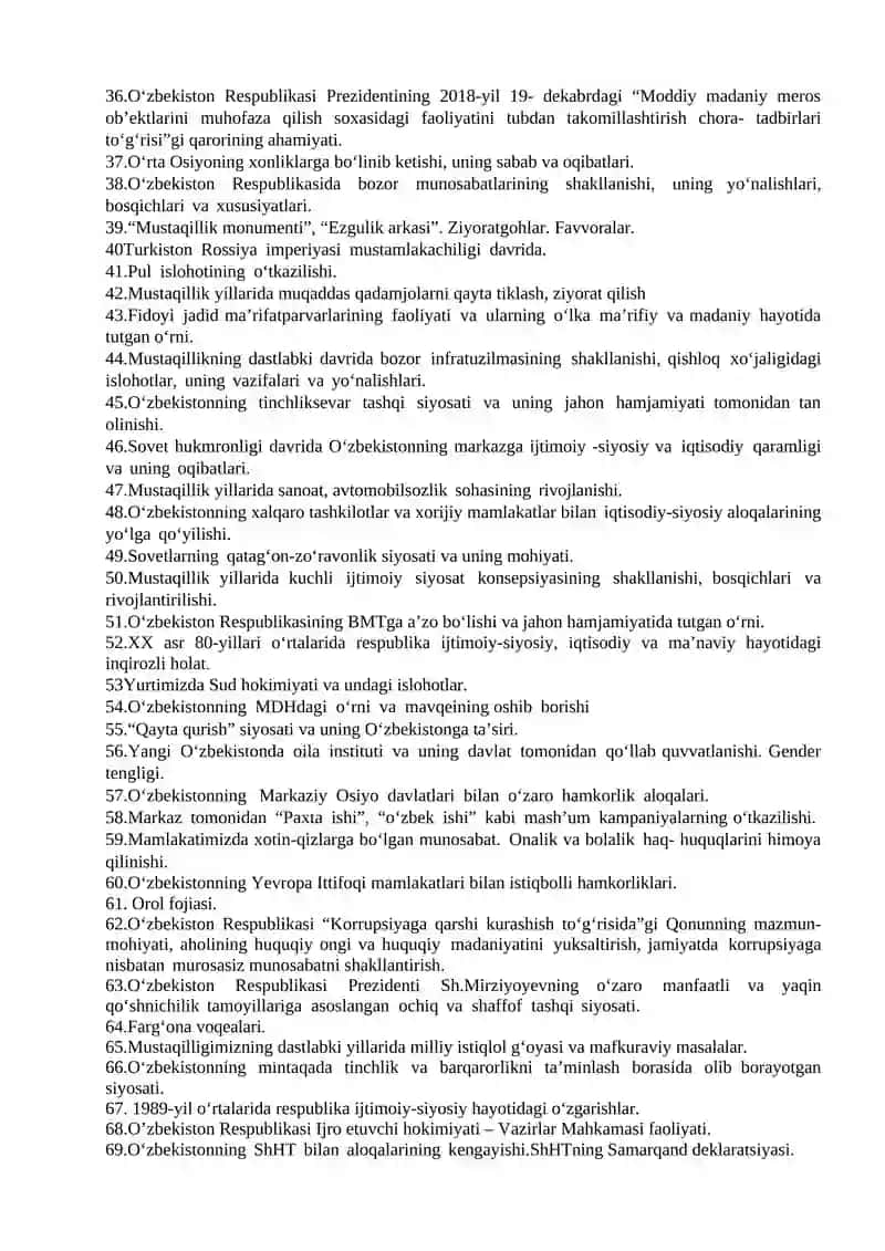 O‘zbekistonning eng yangi tarixi fanidan yakuniy nazorat ishi uchun variant savollari 2