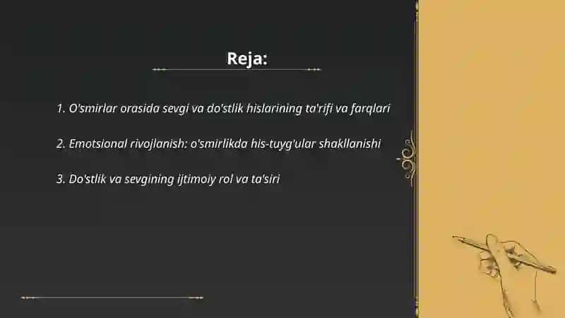 O'smirlar orasida sevgi va dóstlik hislari mavzusidaa presentation 2