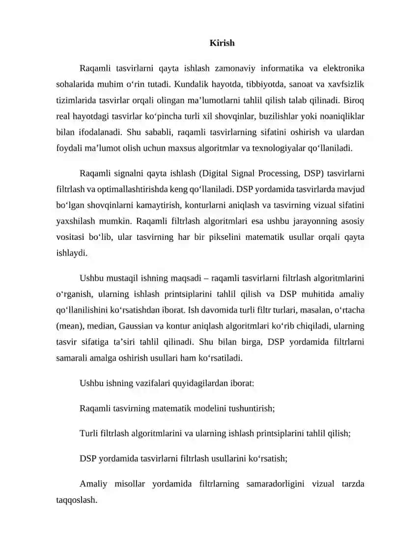 Raqamli tasvirni filtrlash algoritmlarida DSP 2