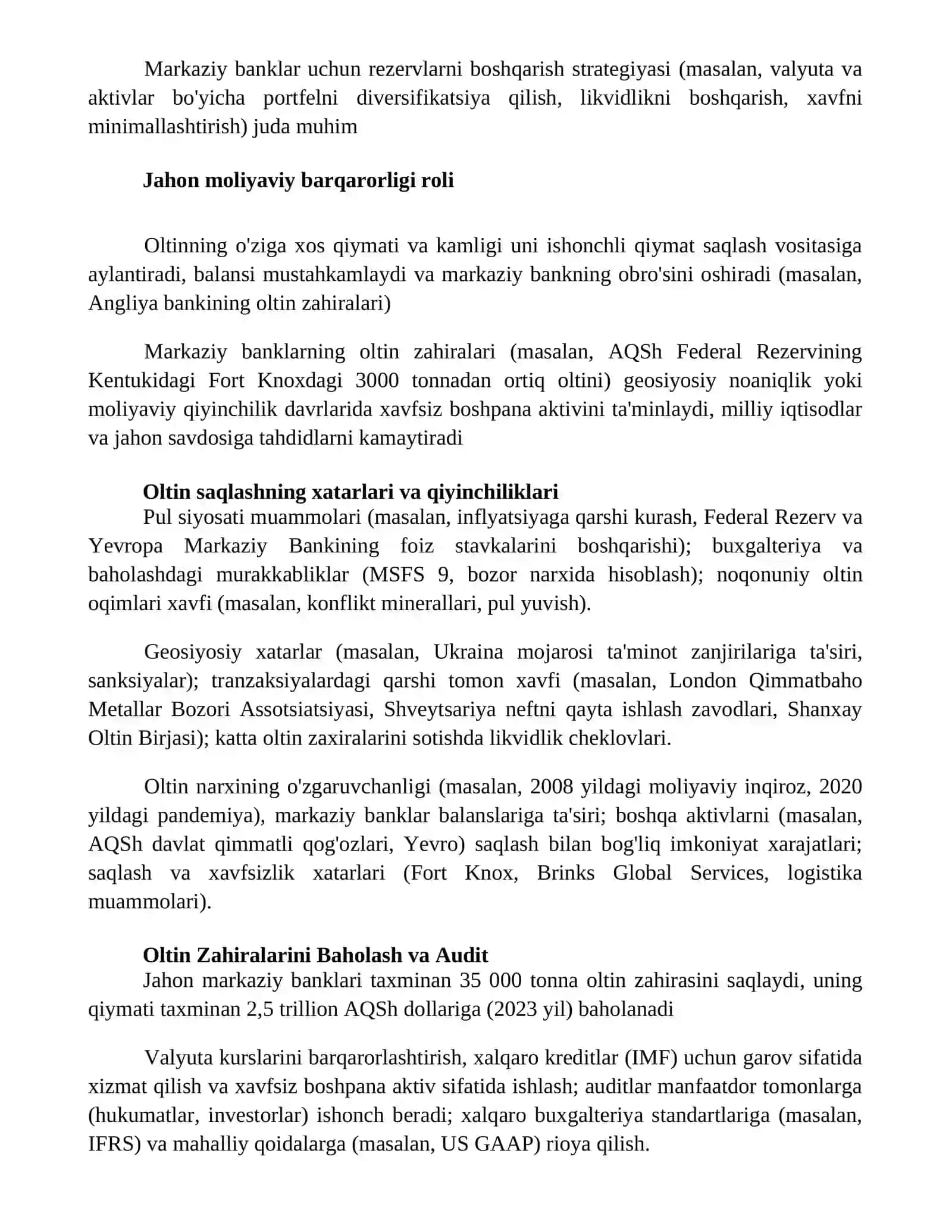 Markaziy bankning oltin valyuta zaxiralarini saqlash funksiyasi 2