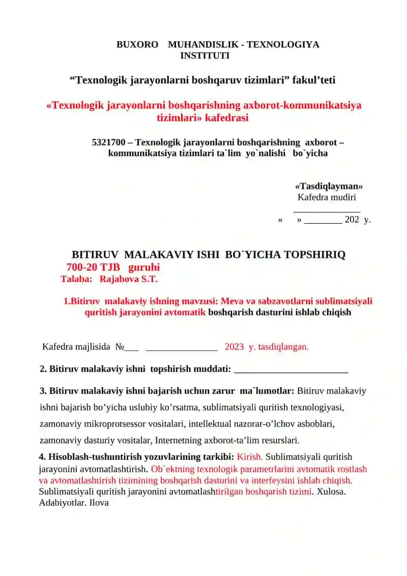 Odorant ishlab chiqarish jarayonini avtomatlashtirish va boshqarish 2