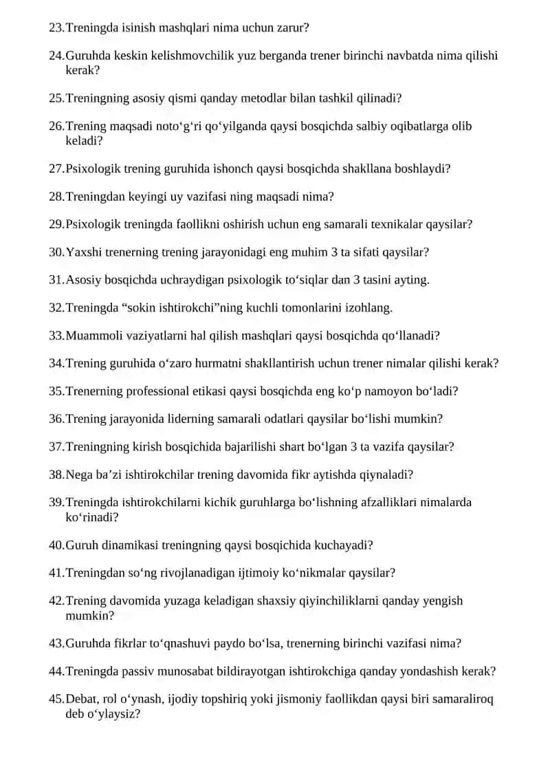 Psixologik trening bo'yicha savollar 2