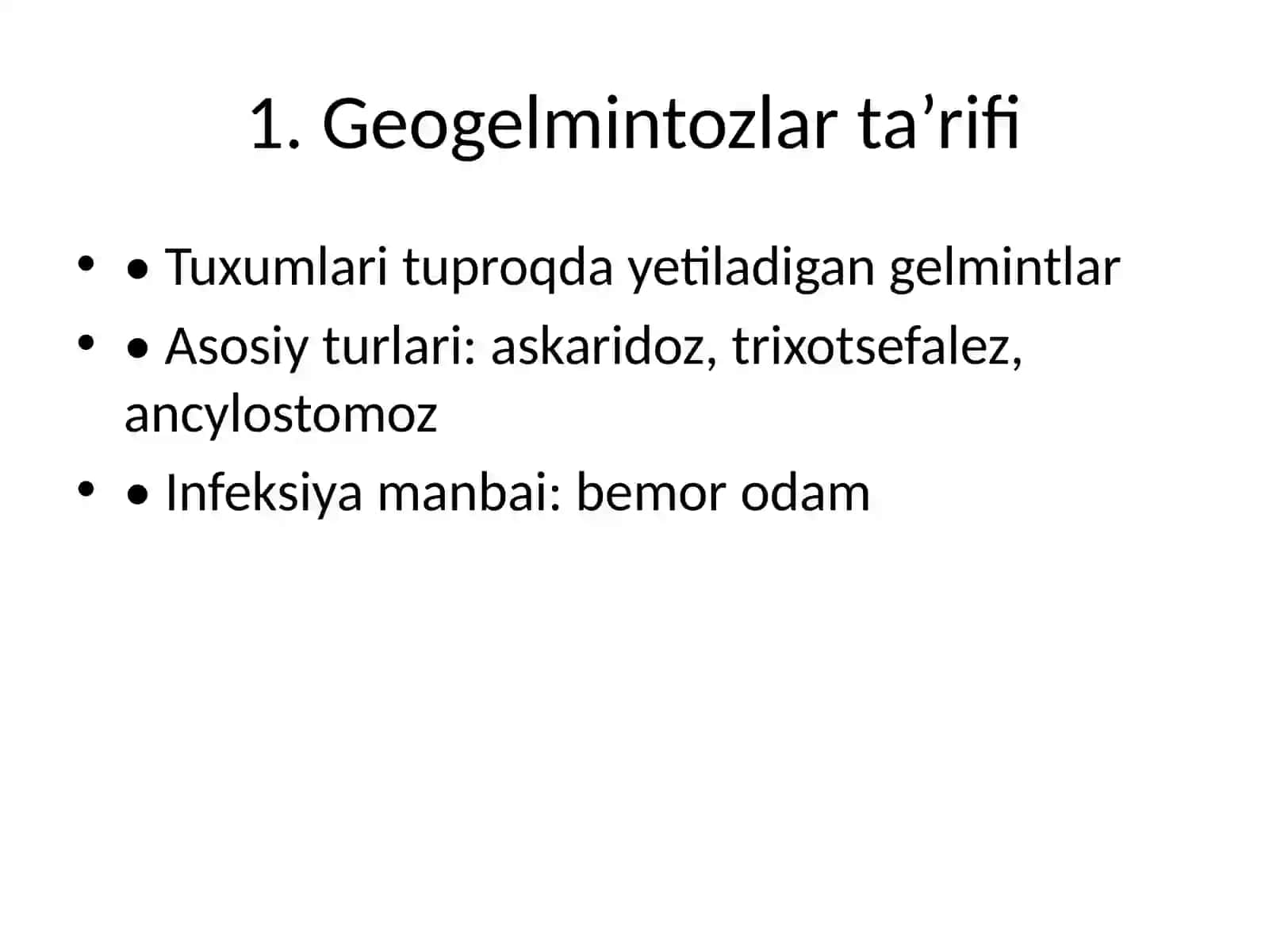Geogelmintozlar va Kontakt Gelmintozlar Epidemiologiyasi va Profilaktikasi Pro Level 2