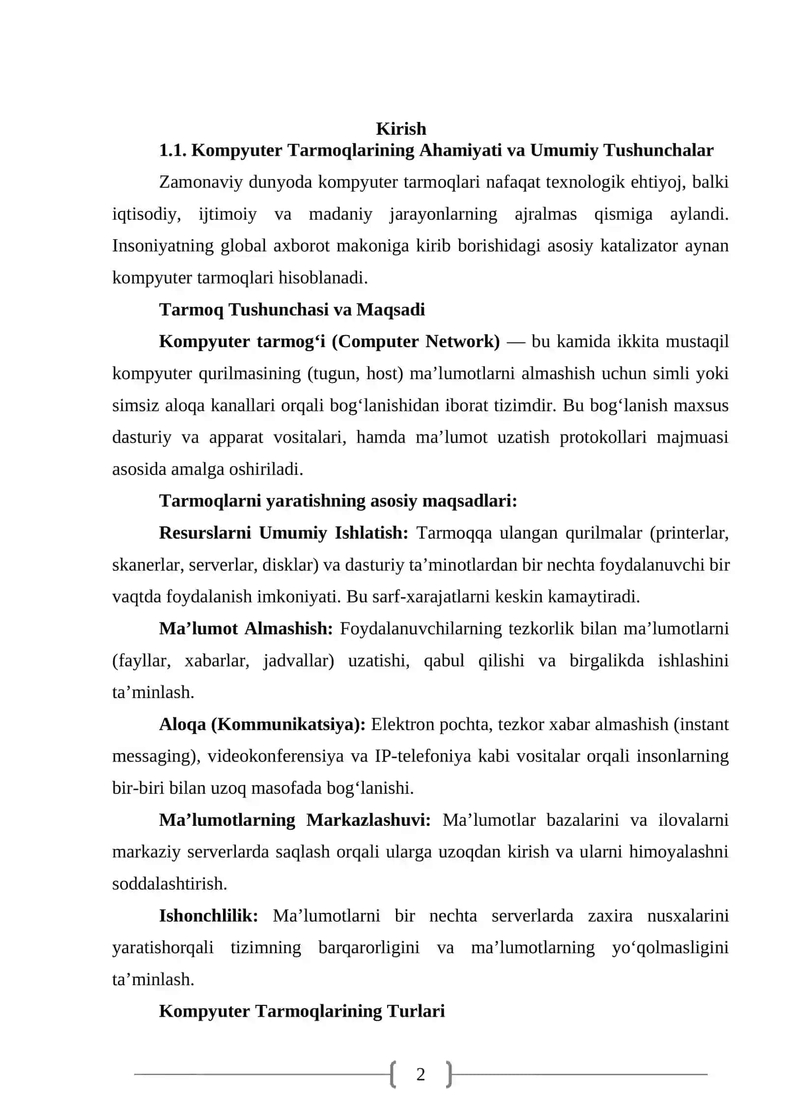 Kompyuter Tarmoqlarining Asosiy Arxitektura Modelleri: OSI va TCP/IP Hamda Protokollar 2