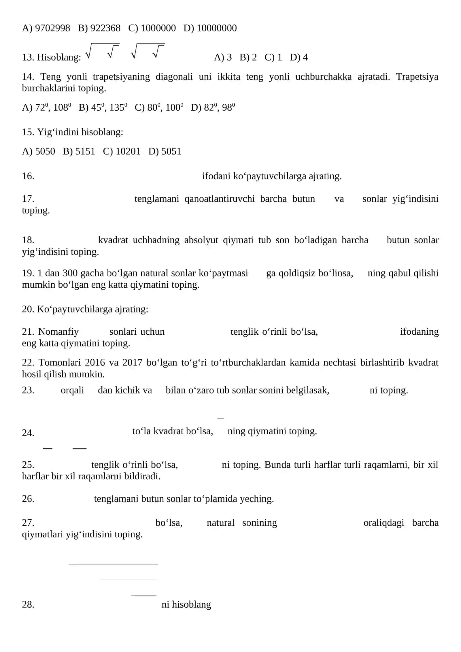 Al-Xorazmiy olimpiadasi matematika testi 2