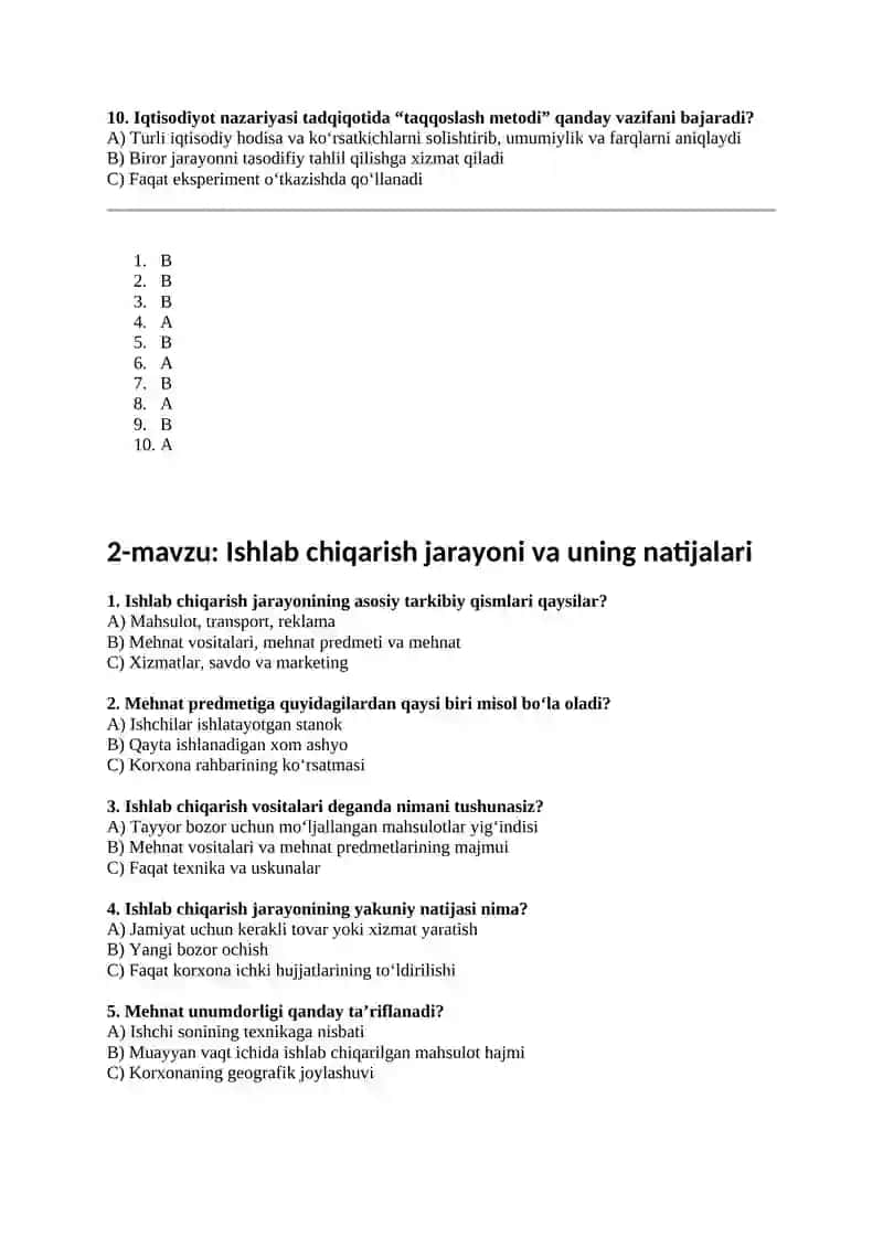 IQTISODIYOT NAZARIYASI fanidan 150 ta test javoblari bilan 2