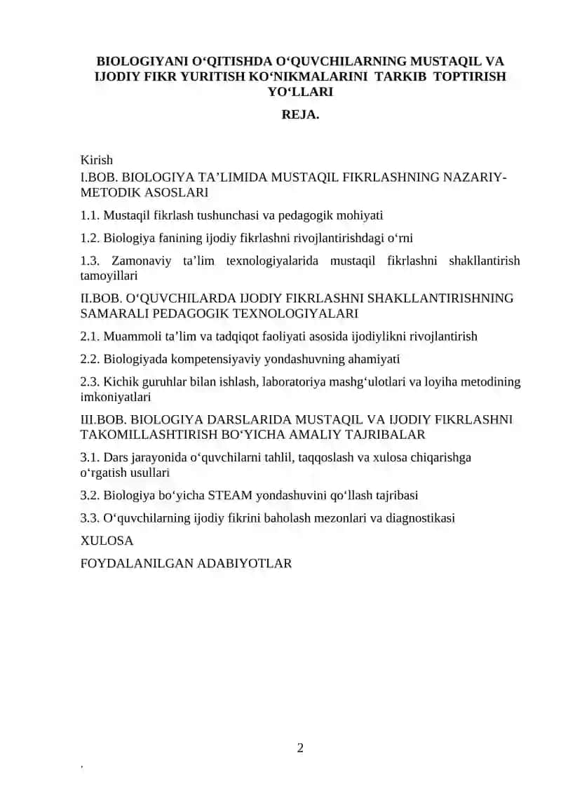Biologiyani oʻqitishda oʻquvchilarning mustaqil va ijodiy fikr yuritish koʻnikmalarini  tarkib  toptirish yoʻllari 2