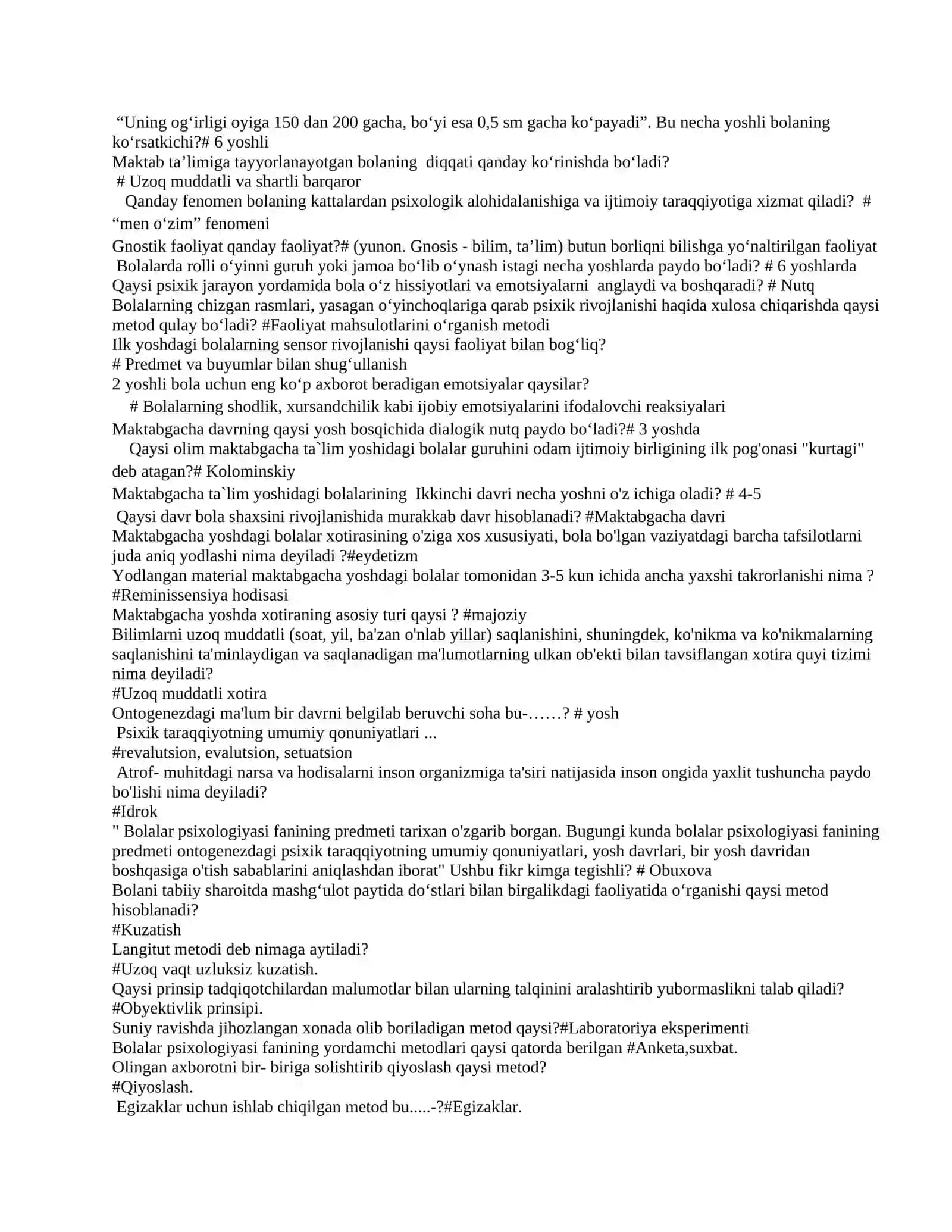 Bolalar psixologiyasi va psixodiognostikasi fanidan testlar 4-kurs 2