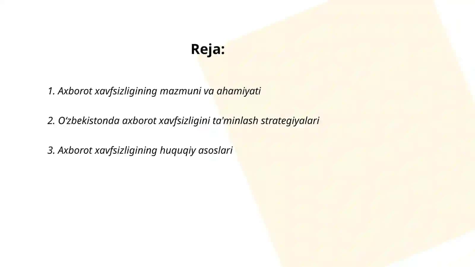 Oʻzbekistonda axborot xavfsizligining manaviy va huquqiy asoslari ularning huquqiy hujjatdagi ifodasi 2