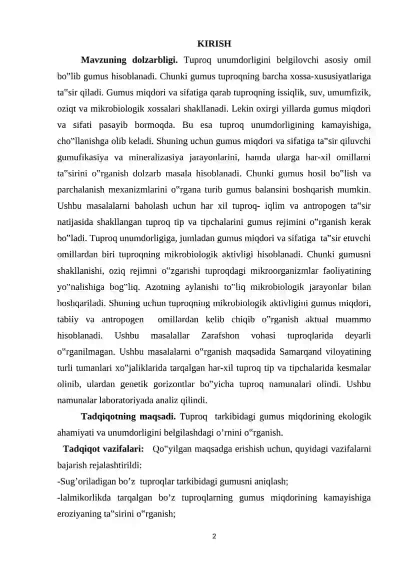 Tuproq unumdorligi va gumus miqdori 2
