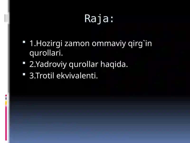 Ommaviyqirg`in qurollarining tasnifi.Jabrlanish o`chog`ining tibbiy taktik tasnifi.Yo`qotishlar.Yadroviy qurol.Trotil ekvivalenti.Yadroviy portlash omillari 2