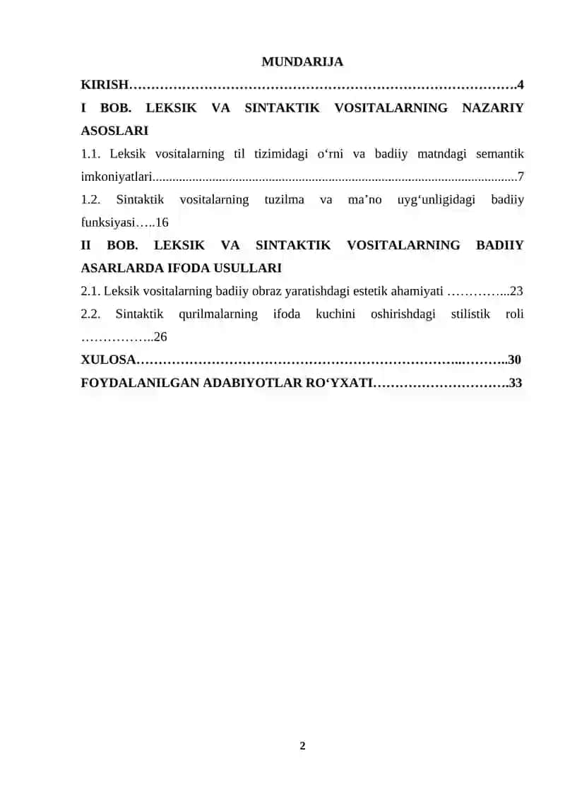 Adabiyot nazariyasi fanidan “Leksik va sintaktik vositalarning badiiy ahamiyati” KURS ISHI 2